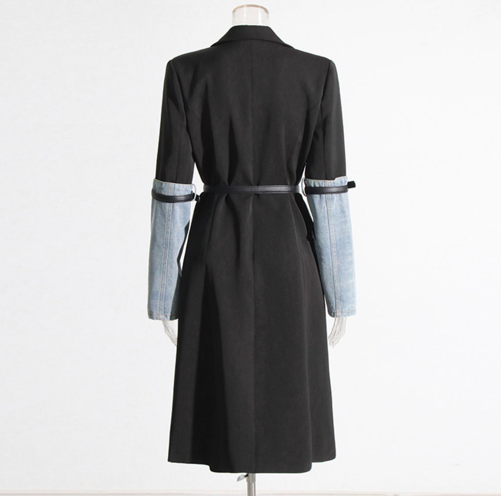 Collar Long Sleeve Denim Patchwork