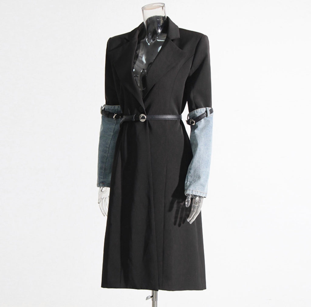 Collar Long Sleeve Denim Patchwork