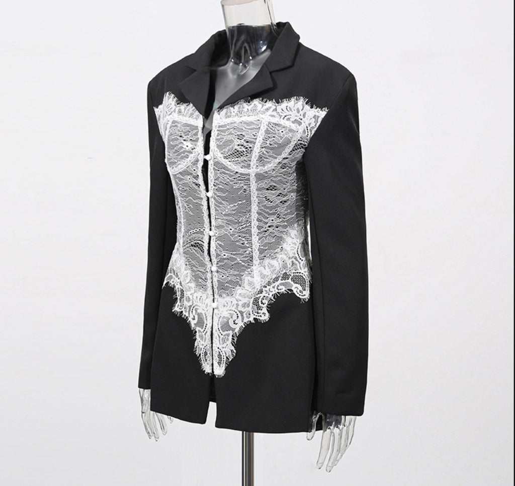 Lace Patchwork Corset Waist Blazer