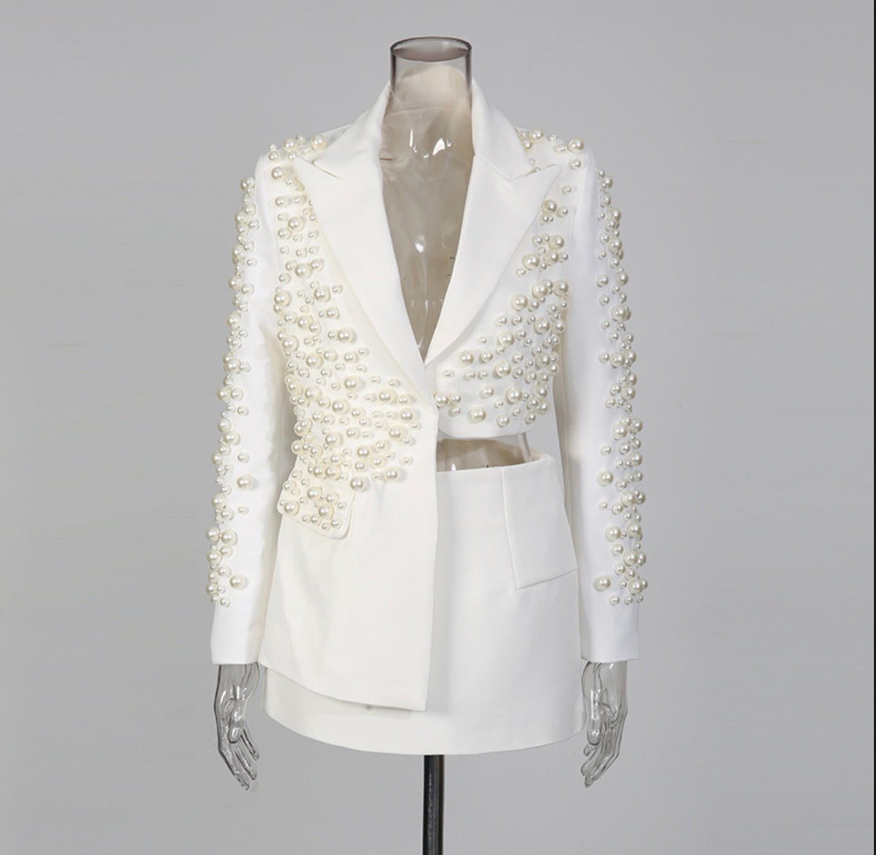 Deep V-Neck Beading Blazer and Skirt Suit