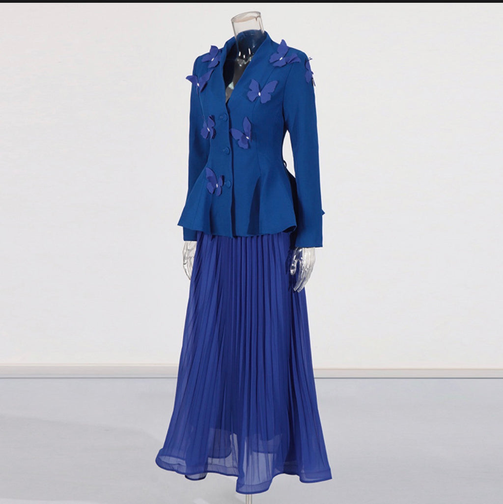 V-Neck Butterfly Suit High-Waisted Pleated Skirt