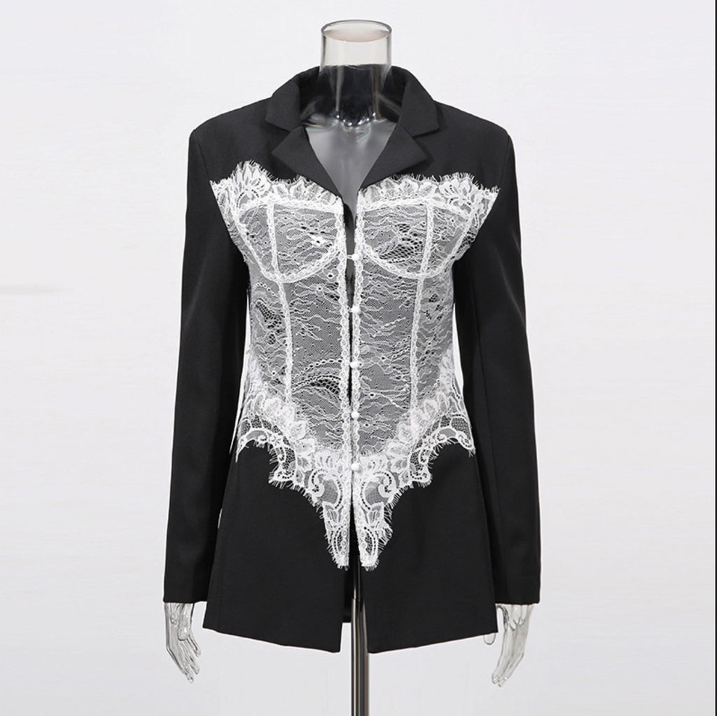 Lace Patchwork Corset Waist Blazer