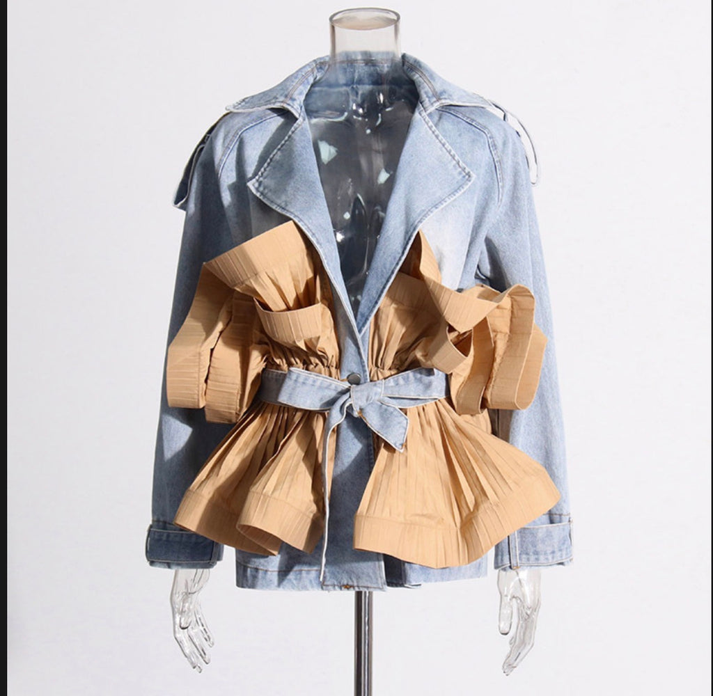 Denim Patchwork Pleated Lace-Up Waistcoat