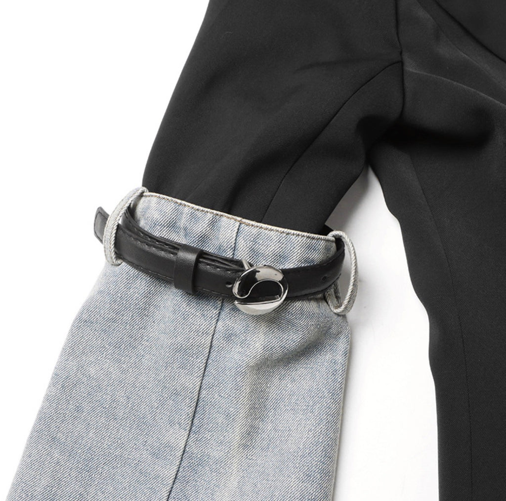Collar Long Sleeve Denim Patchwork