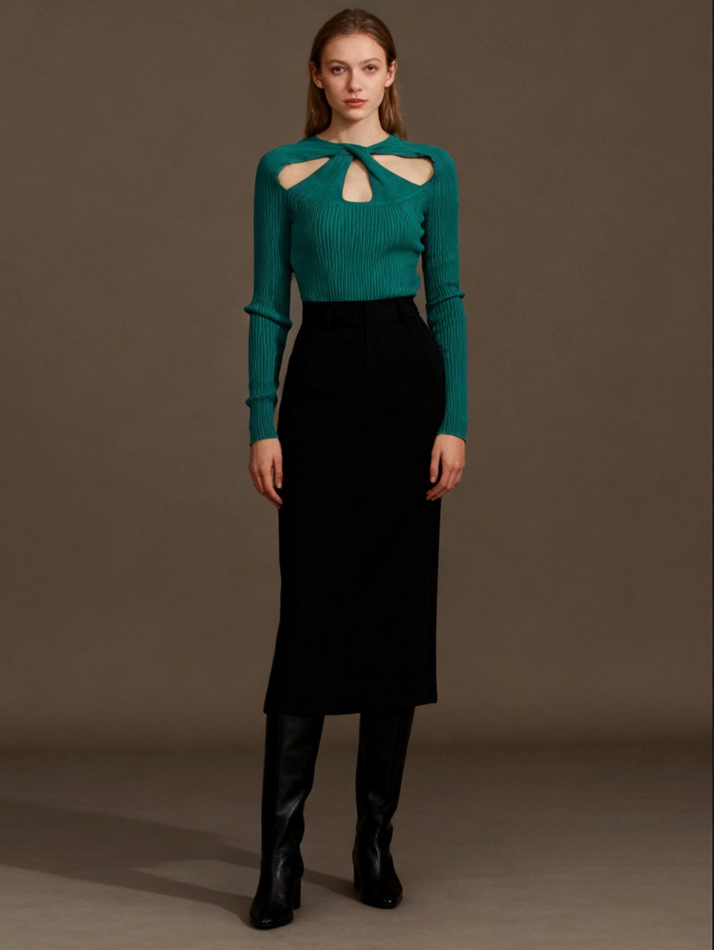 Cross-Cut Hollow-Out Ribbed Knit Sweater