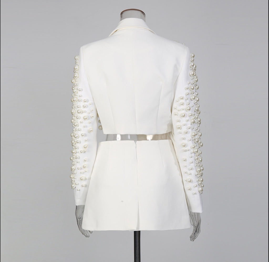 Deep V-Neck Beading Blazer and Skirt Suit