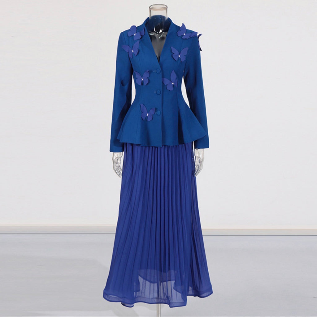 V-Neck Butterfly Suit High-Waisted Pleated Skirt