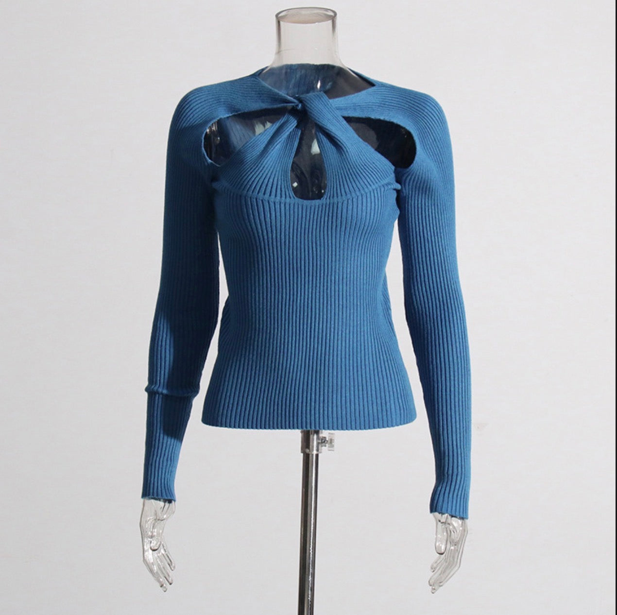 Cross-Cut Hollow-Out Ribbed Knit Sweater