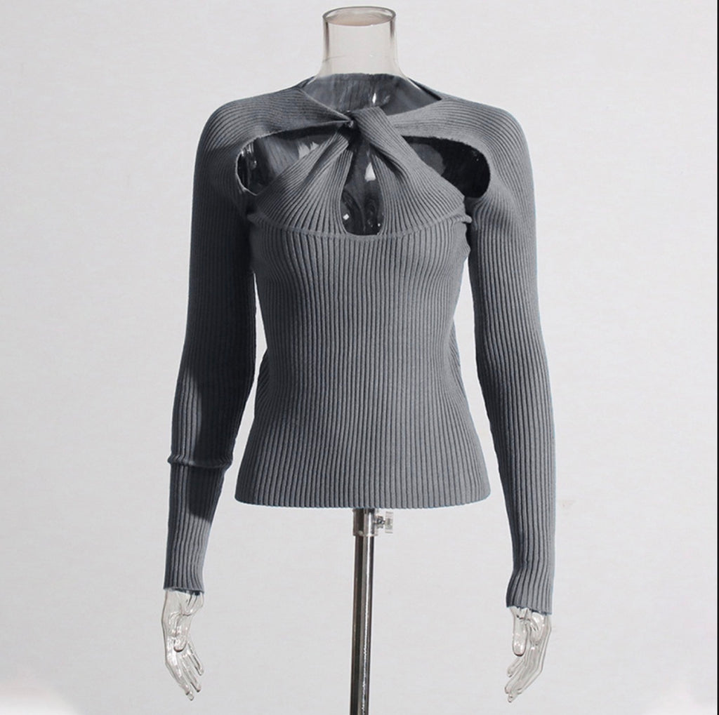 Cross-Cut Hollow-Out Ribbed Knit Sweater
