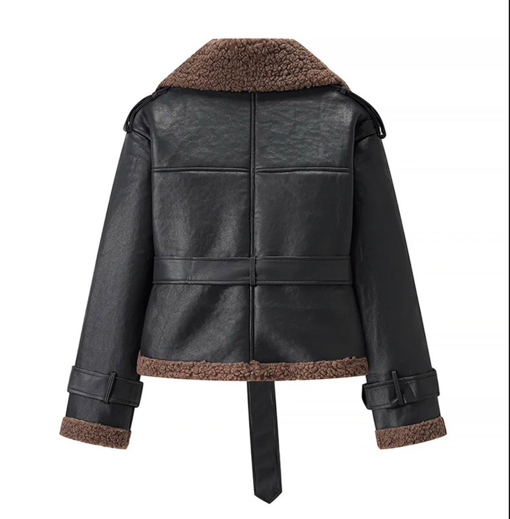Lapel Faux Lamb Wool Spliced Leather Jacket