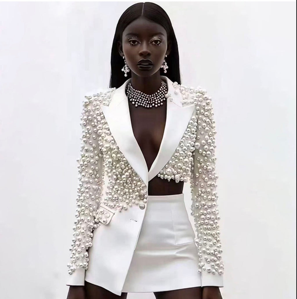Deep V-Neck Beading Blazer and Skirt Suit
