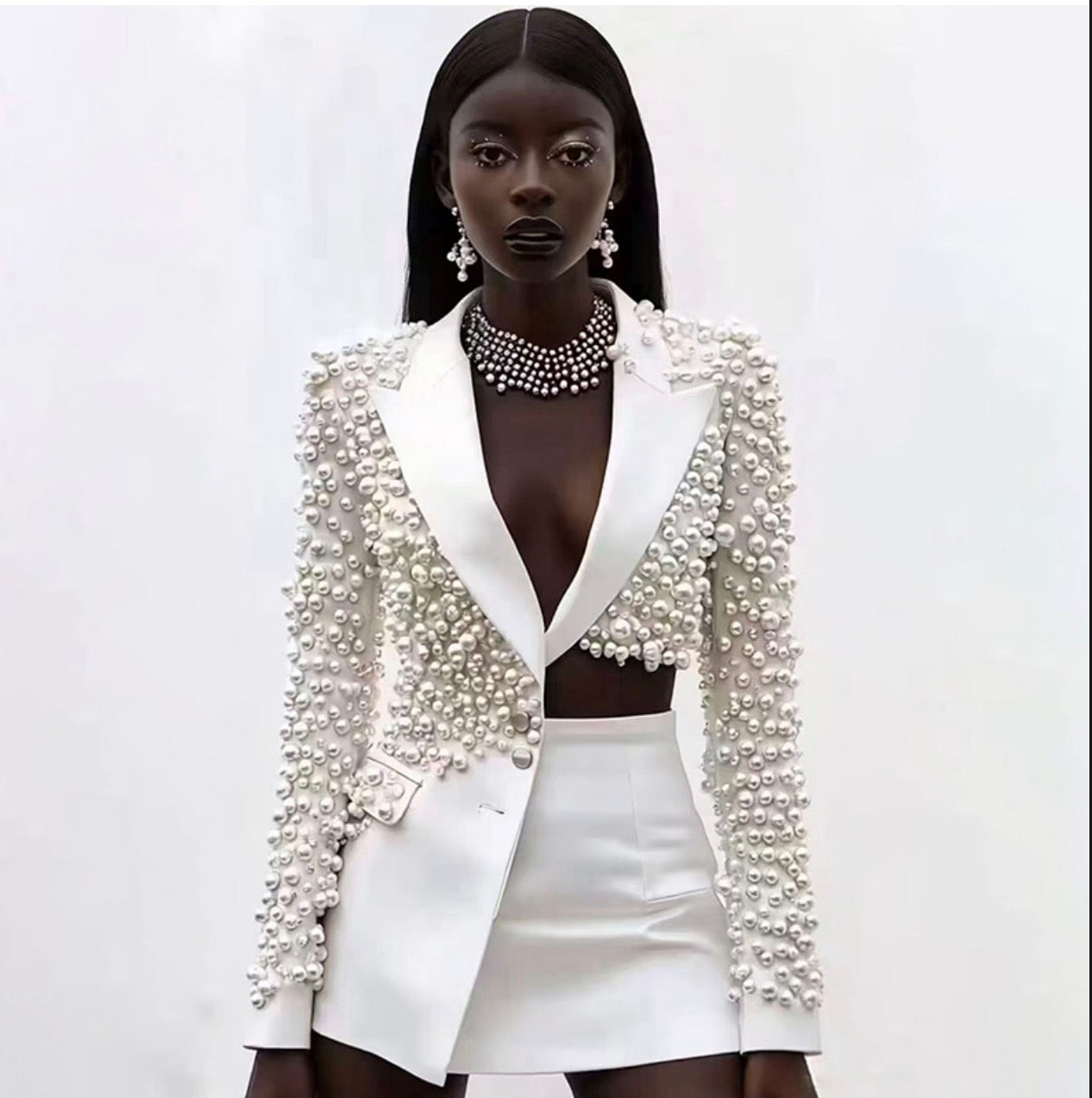 Deep V-Neck Beading Blazer and Skirt Suit