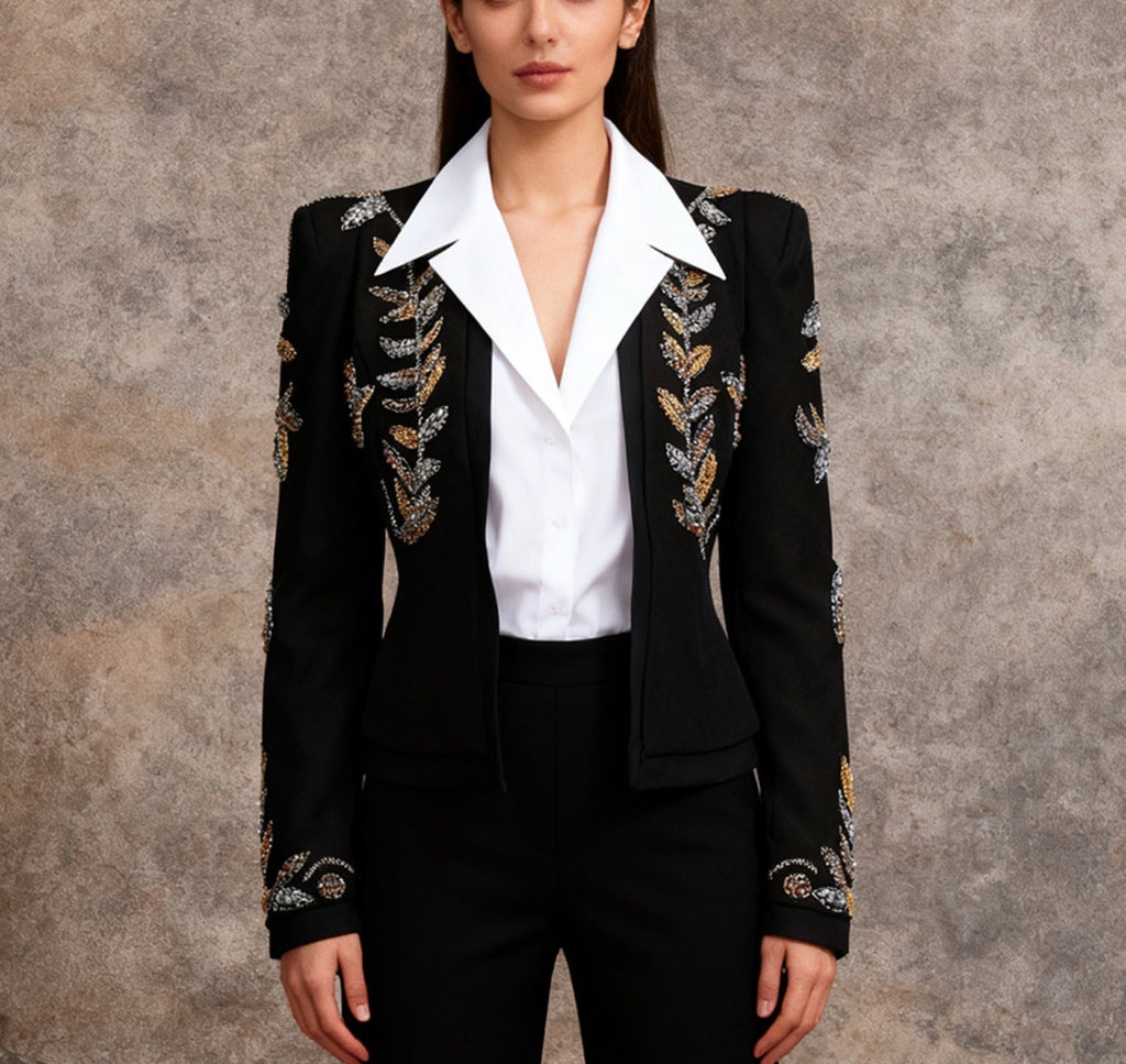 Beaded Embroidered Black Short Blazer
