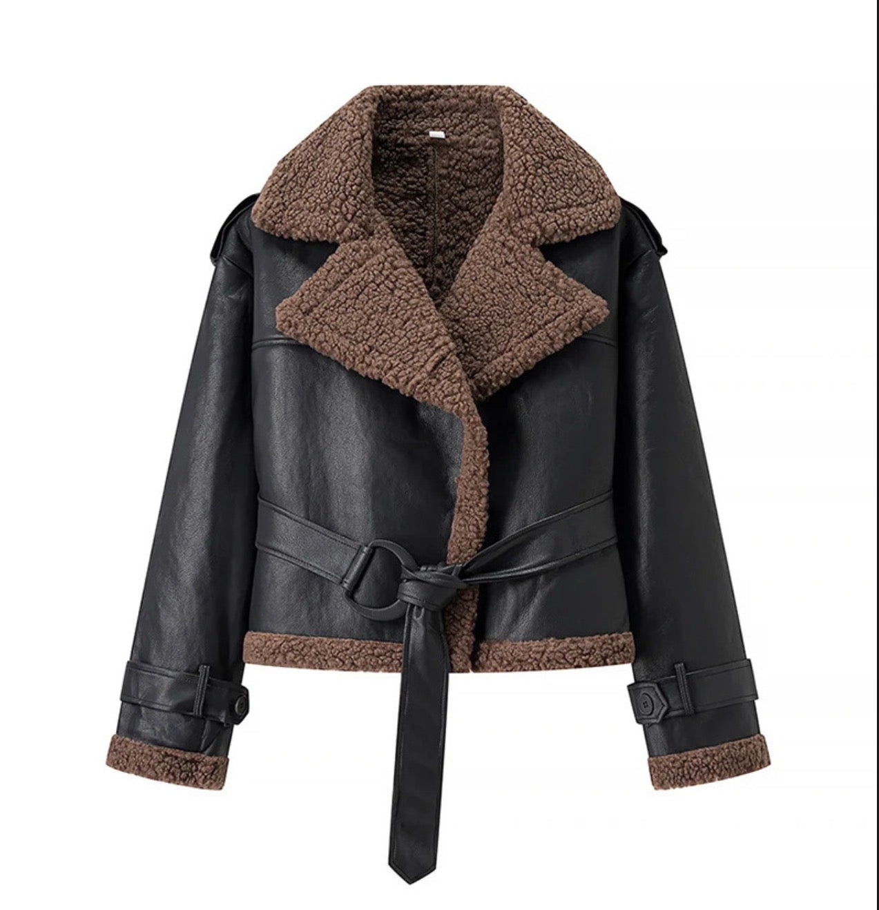 Lapel Faux Lamb Wool Spliced Leather Jacket