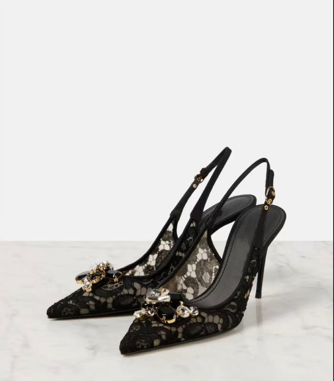 Shallow Black Lace Rhinestone Heel