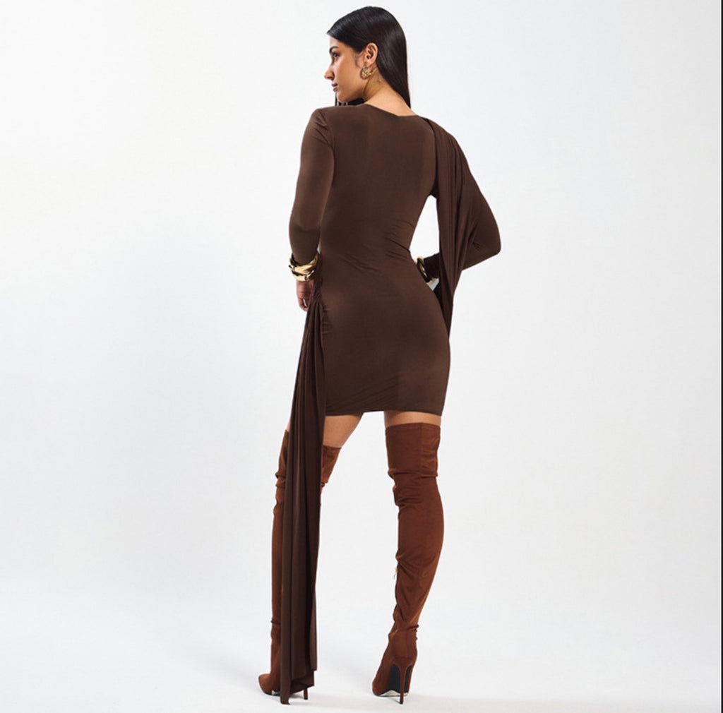 Strap Long-Sleeved Slim Fit Ribbon Hip Dress