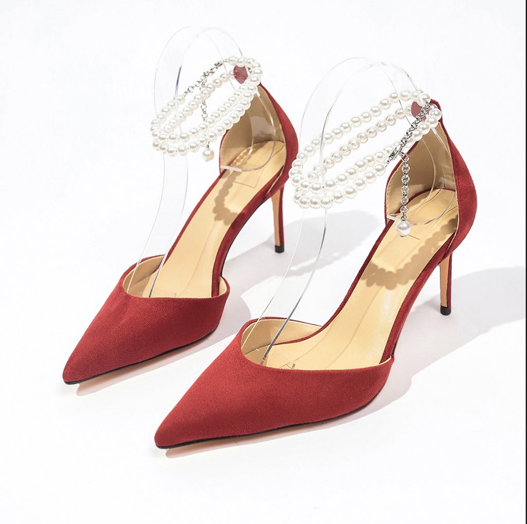 Red Suede Pearl Buckle Strap Heels