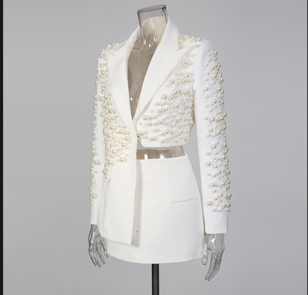 Deep V-Neck Beading Blazer and Skirt Suit