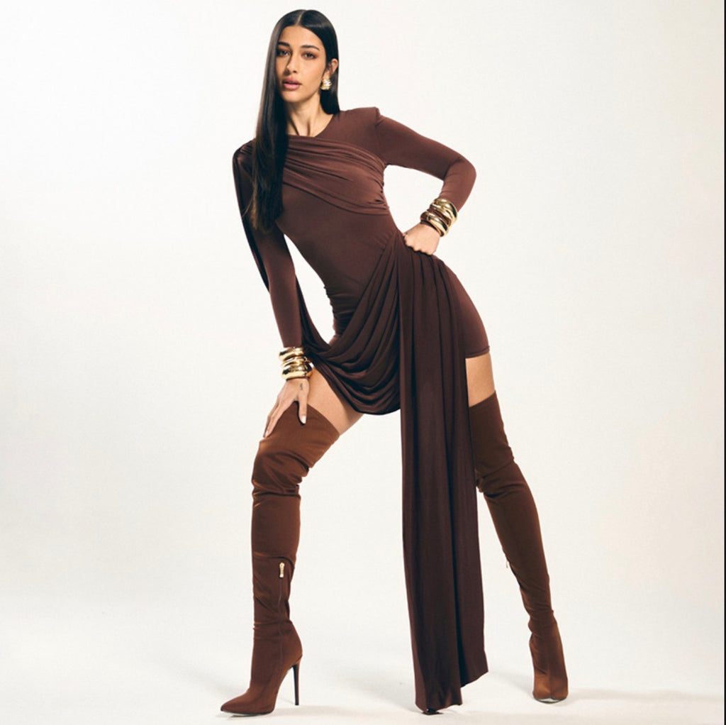 Strap Long-Sleeved Slim Fit Ribbon Hip Dress
