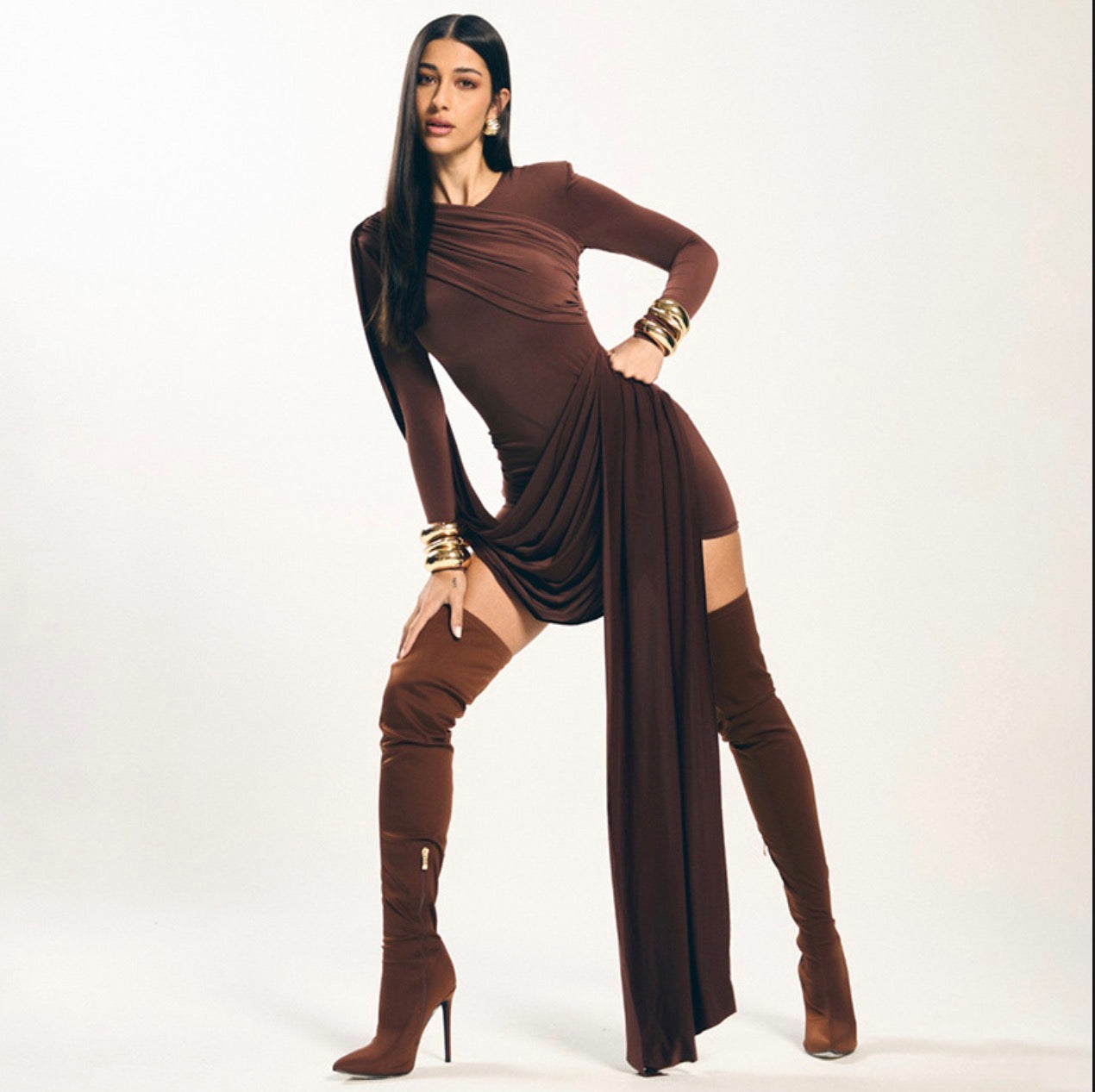Strap Long-Sleeved Slim Fit Ribbon Hip Dress