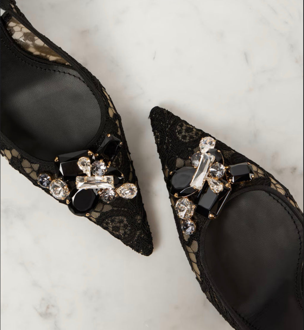 Shallow Black Lace Rhinestone Heel