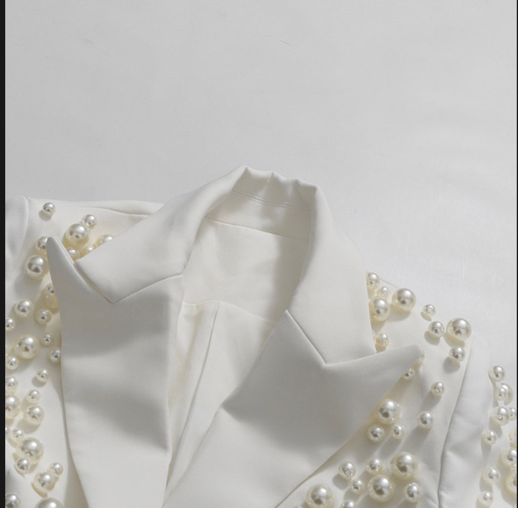 Deep V-Neck Beading Blazer and Skirt Suit
