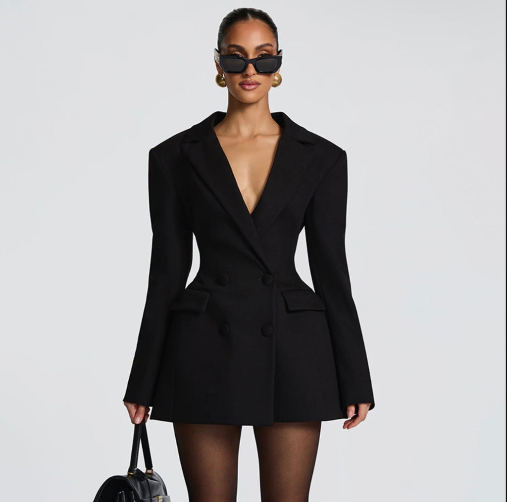 V Long-Sleeved Suit Dress