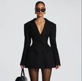 V Long-Sleeved Suit Dress
