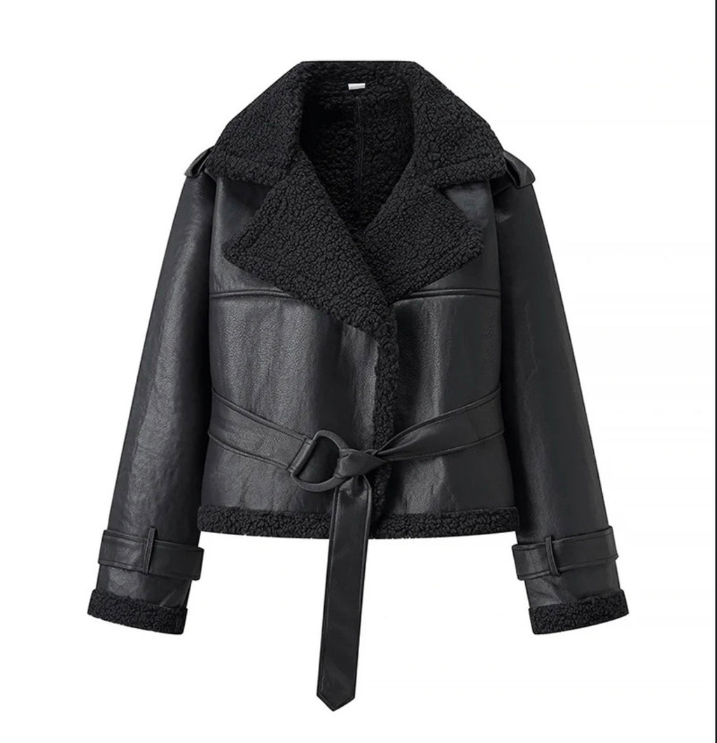 Lapel Faux Lamb Wool Spliced Leather Jacket