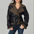 Lapel Faux Lamb Wool Spliced Leather Jacket