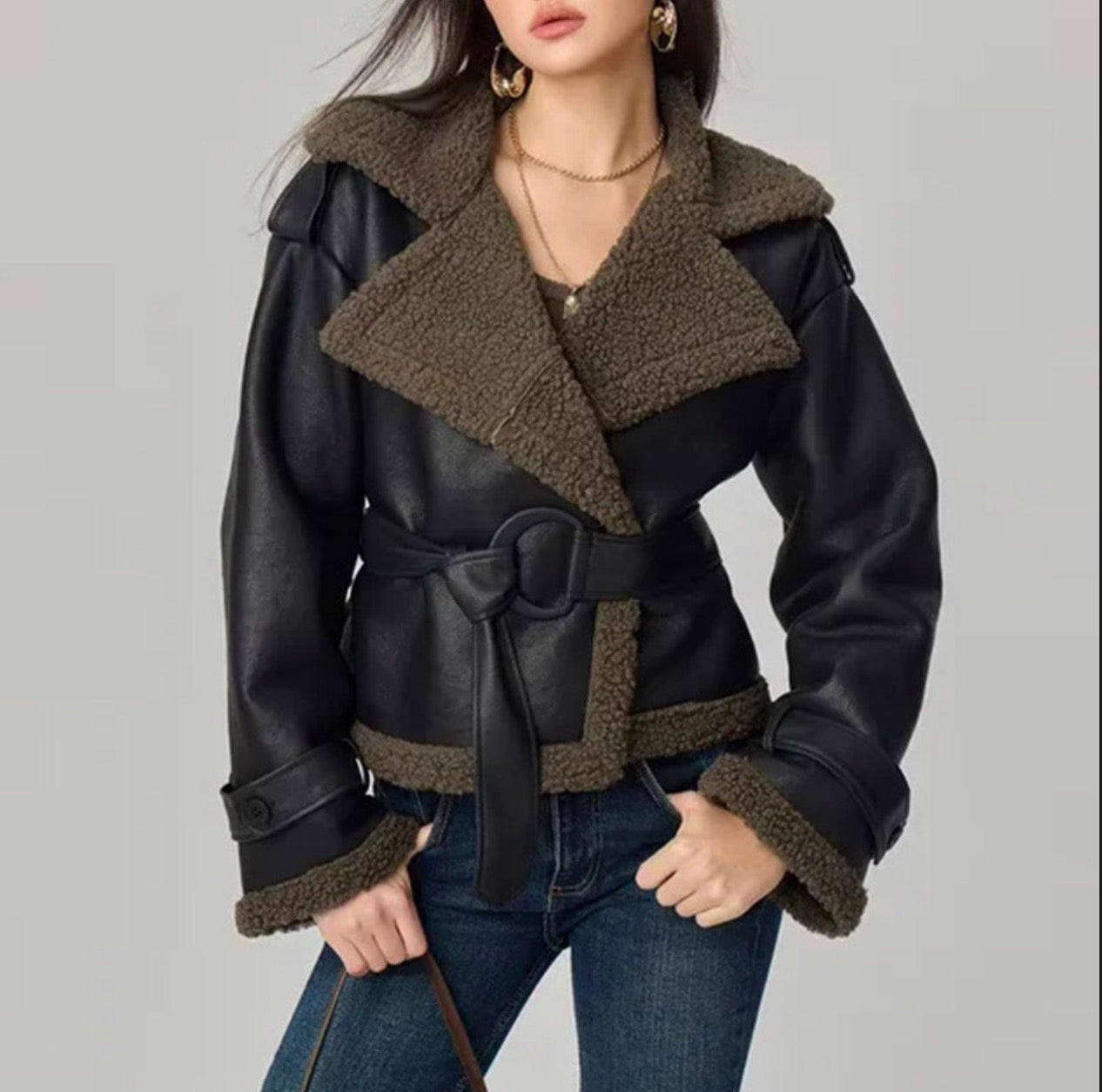 Lapel Faux Lamb Wool Spliced Leather Jacket