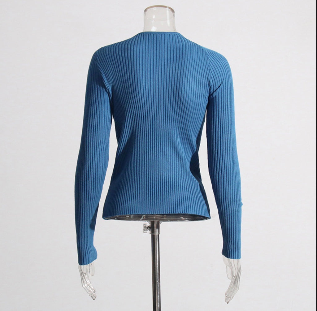 Cross-Cut Hollow-Out Ribbed Knit Sweater