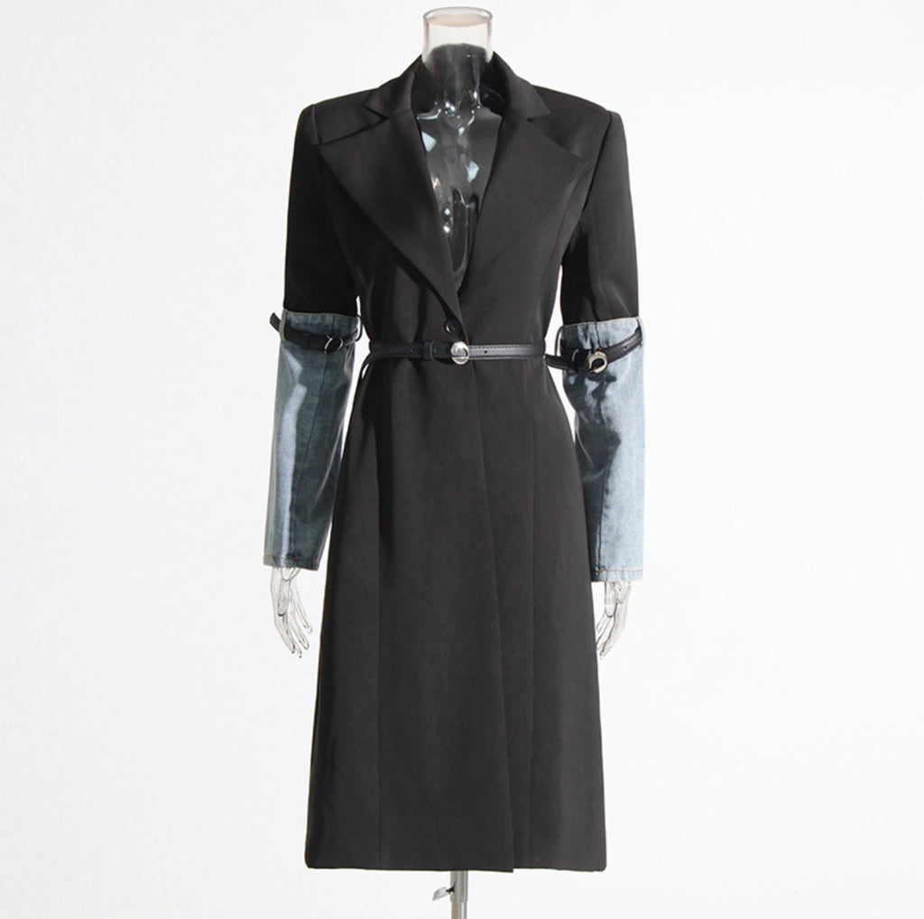 Collar Long Sleeve Denim Patchwork
