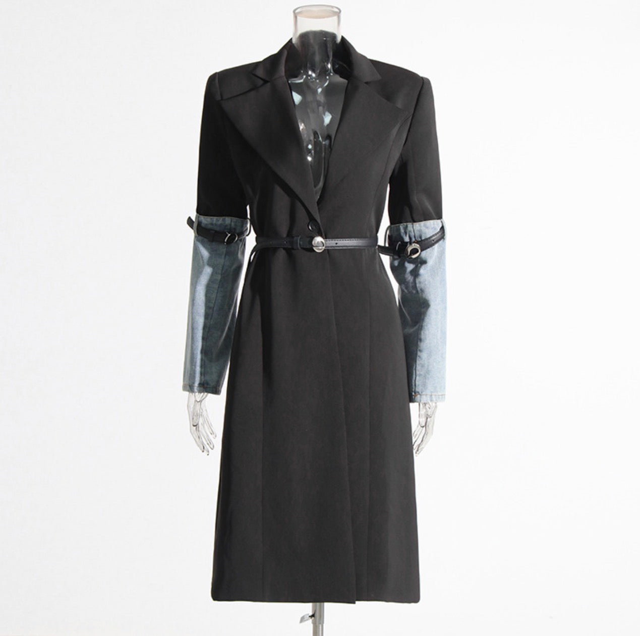 Collar Long Sleeve Denim Patchwork