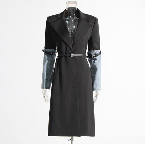 Collar Long Sleeve Denim Patchwork