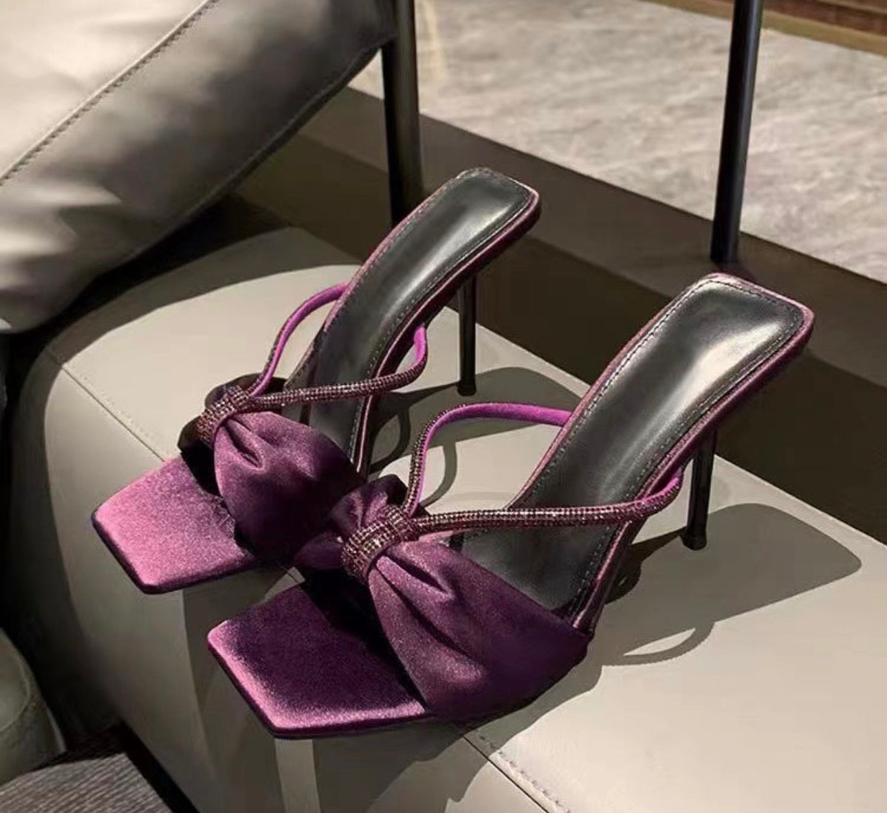 Purple Silks and Satins Rhinestone Stiletto Slippers