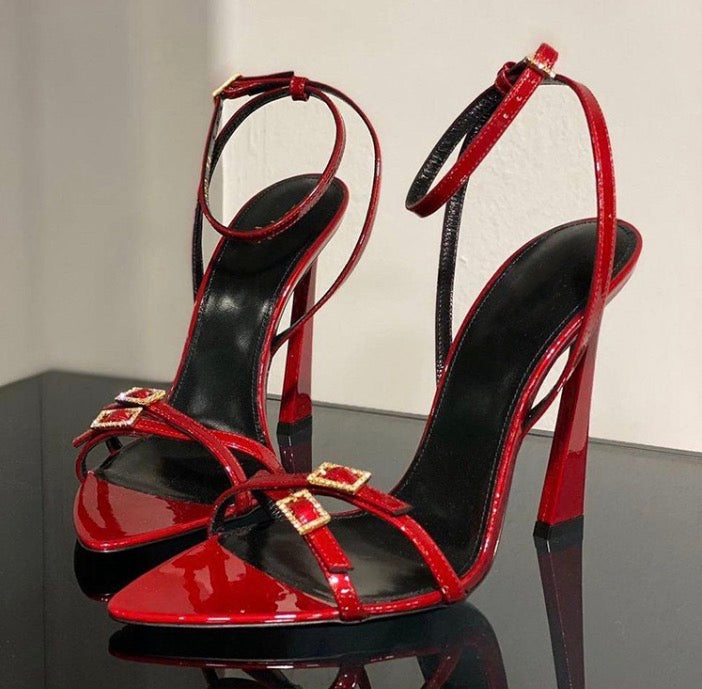 Buckle Stiletto Red Thin Strap Patent Leather