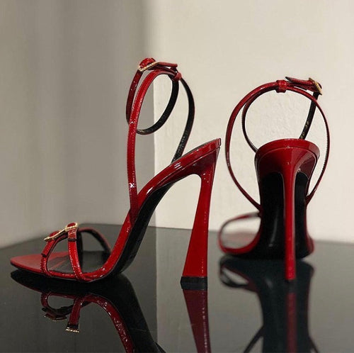 Buckle Stiletto Red Thin Strap Patent Leather